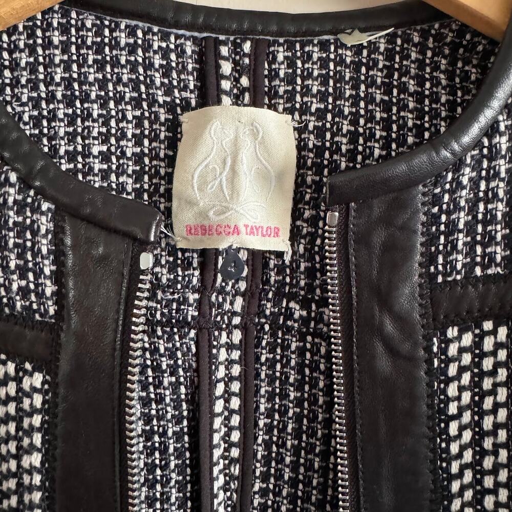 ❌SOLD❌ Rebecca Taylor Black and White Tweed Lamb Leather Trim Zip Jacket Blazer - Picture 4 of 11